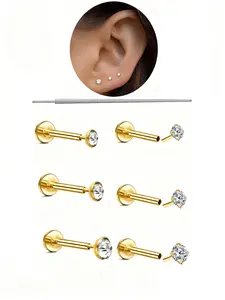 Stainless Steel Flat Back Earrings, Unisex Nose Stud Earrings, Threadless Push-In Cz Inlay, Bone Earlobe, Ear Tail, Ear Canal, Nostril, Cartilage Piercing Jewelry, 2mm/3mm/4mm