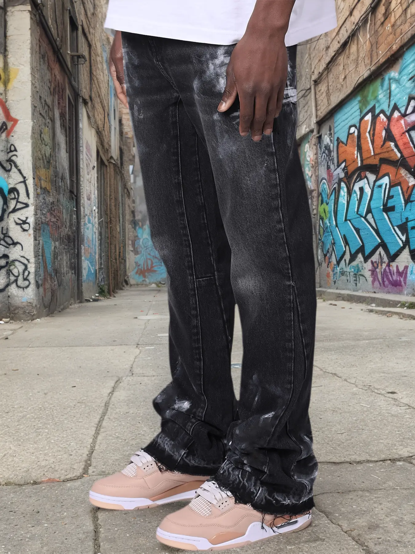 Straight Leg Elastic High Waist Classic Denim Jeans, Graffiti Slim Fit Bell Bottoms, Loose Hip Hop Streetwear Street Style, Casual Fashion for All Seasons