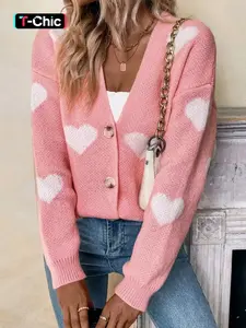 Women's Heart Print Button Front Drop Shoulder Cardigan, Casual Long Sleeve Knitwear for Spring & Fall, Women's Knit Clothing for Daily Wear