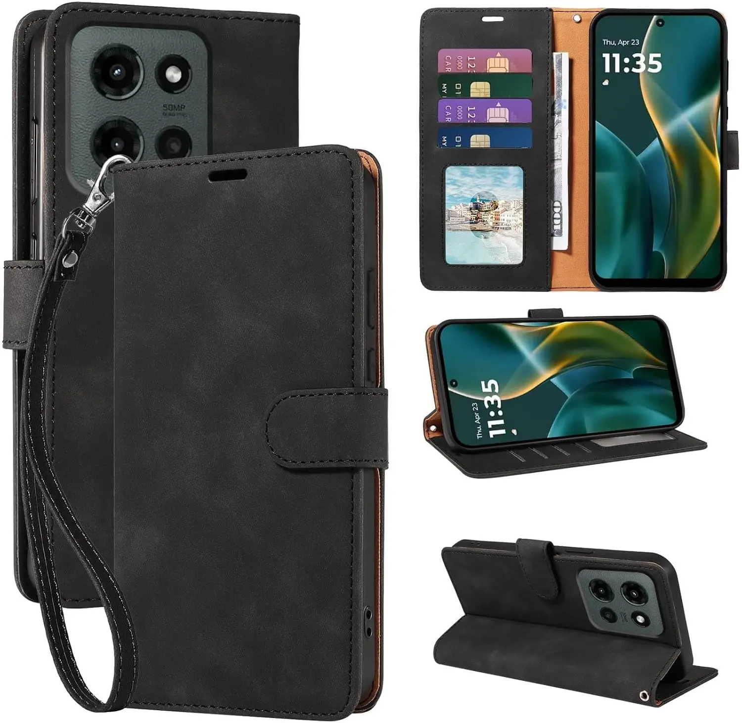 Wallet for Moto G 2026/2025 Case, for Moto G Play 2026 Case, PU Leather Folio Flip Cover with 4 Card Slots, Wrist Strap, Kickstand, Shockproof Protective (Black)