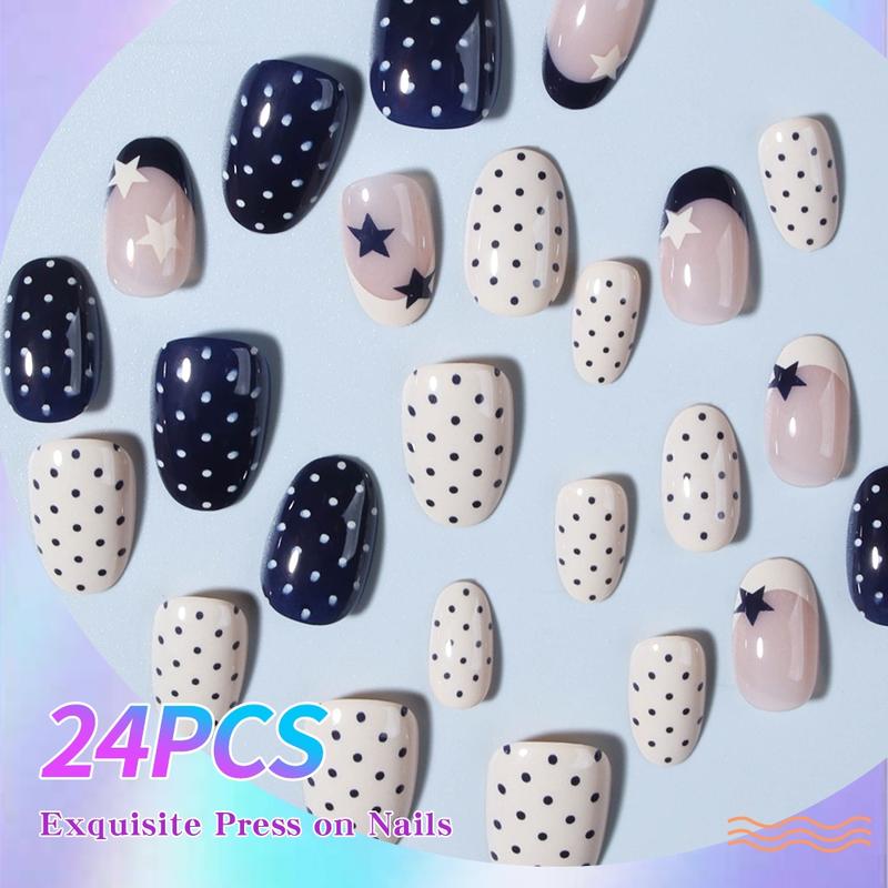 24pcs Short Oval Blue French Acrylic False Nails Set, Star & Polka Dot Design, Nail Art Design, Perfect Fit, Glossy Finish, for Women and Girls