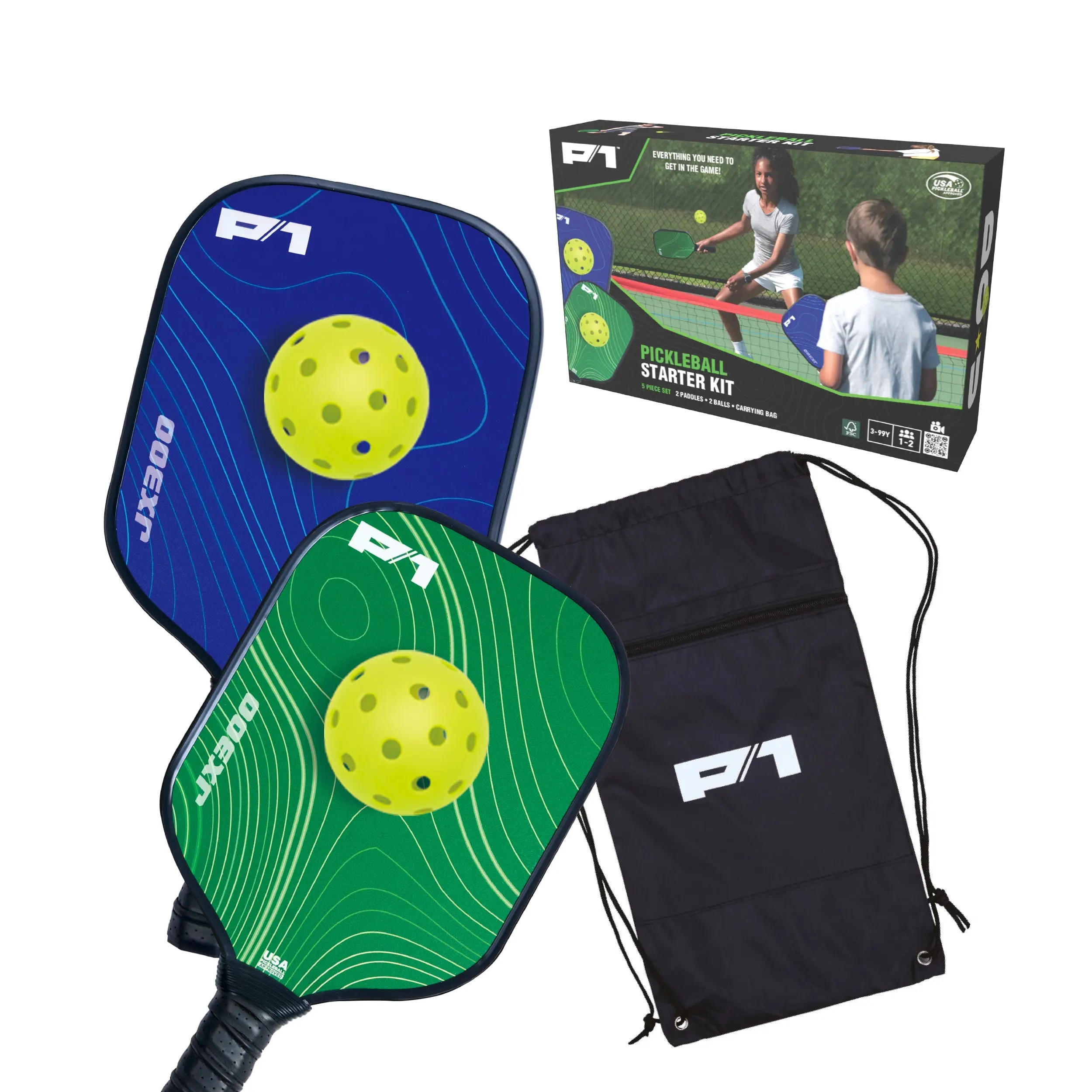 P1 Pickleball Starter Set - 2 Paddles, 2 Balls, and Carry Bag