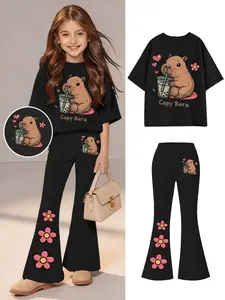 Girls' Capybara Milk Tea Print Short Sleeve Bell Pants Set, Sweet Cool Cartoon Water Pig Floral Decor, Casual Daily Wear Cute Clothing Set
