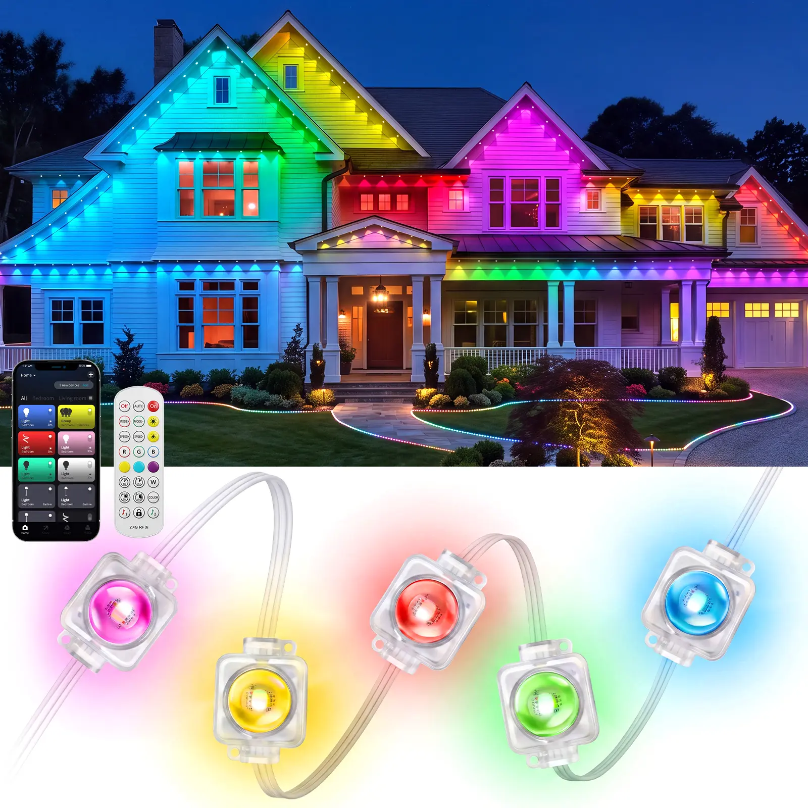 Permanent Outdoor Lights, RGB-IC LED Eave Lights, Smart App & 24-Key Remote Control, 16M Colors House Roof Lights, IP44 Waterproof Roofline Lights for Christmas Decor & Halloween Outdoor Decorations, Home Exterior Lighting