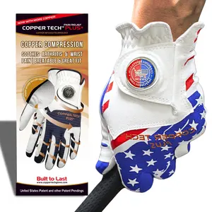 Copper Tech Plus Men's Golf Gloves (1 Pack) - USA Flag Golf Glove with Ball Marker - 100% AAA Synthetic Tacky Leather Golf Glove
