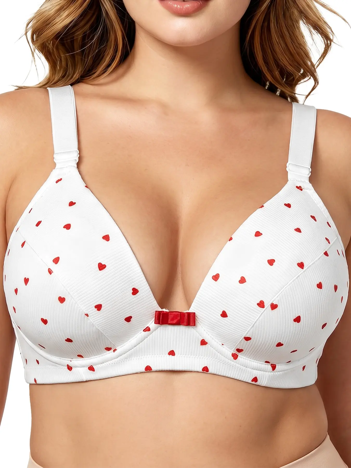 B2LOVER Plus Size Heart-Printed Bra Deep VNeck Sexy Underwire Bra with Push-Up Support Anti-Sagging Design Adjustable Straps Women's Lingerie Daily Womenswear Elastic Supportive Bra