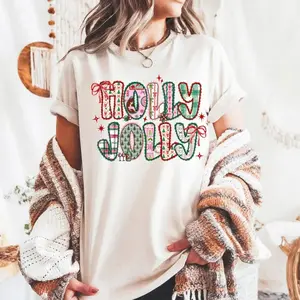 Comfort Clors Preppy Holly Jolly Shirt, Merry Christmas Tee, Preppy Christmas Tee, Christmas Bow Shirt, Women's Christmas Gift, Winter Jolly Shirt