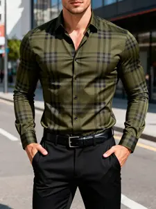 Men's Fitted Olive Plaid Long Sleeve Formal Shirt, Soft Fabric Classic Button Detail, All Season Wear, Business Casual Style