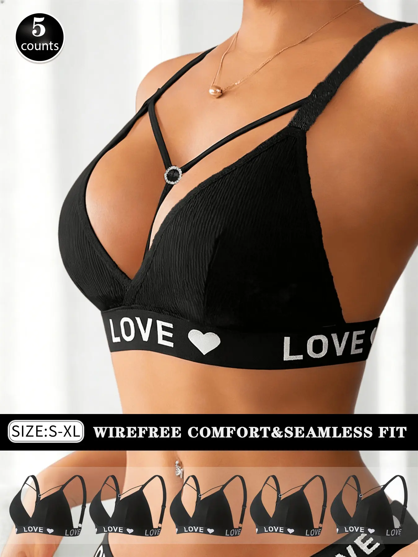 5-Piece Sexy Criss-Cross Ribbed Bralette Rhinestone Heart Buckle Wireless Bra "LOVE" Letter Print Wide Band for Lift & Support |Perfect for Gym, Party, or Casual Chic Look