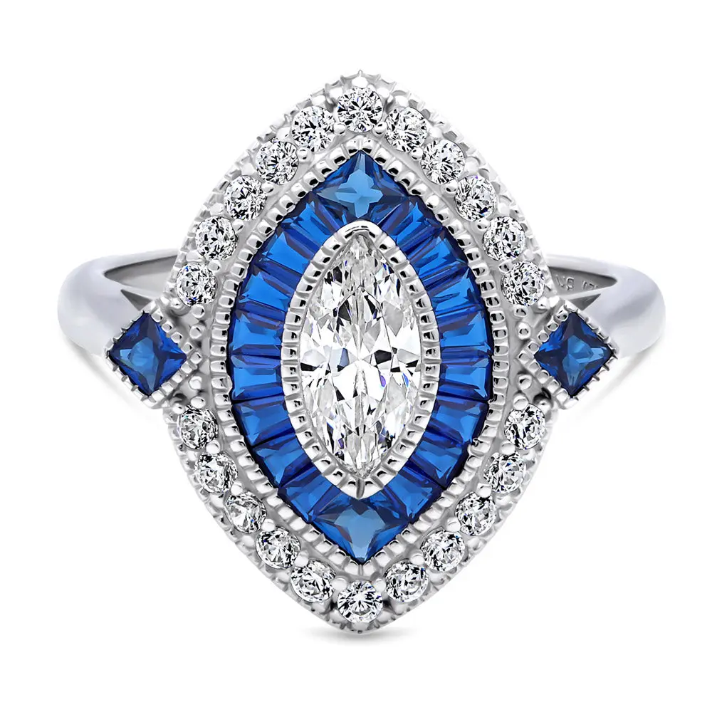 BERRICLE Sterling Silver Navette Halo Art Deco Milgrain Statement Cocktail Ring for Women, Cubic Zirconia CZ