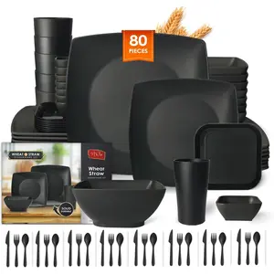 80- Plastic Kitchen Wheat Straw Square Dinnerware Set for 8, Unbreakable Dinner Plates, Salad Plates, Snack Bowls,Sauce Cups,Tumblers 13.5oz, Dishwasher Safe, Outdoor Camping Dish, Black