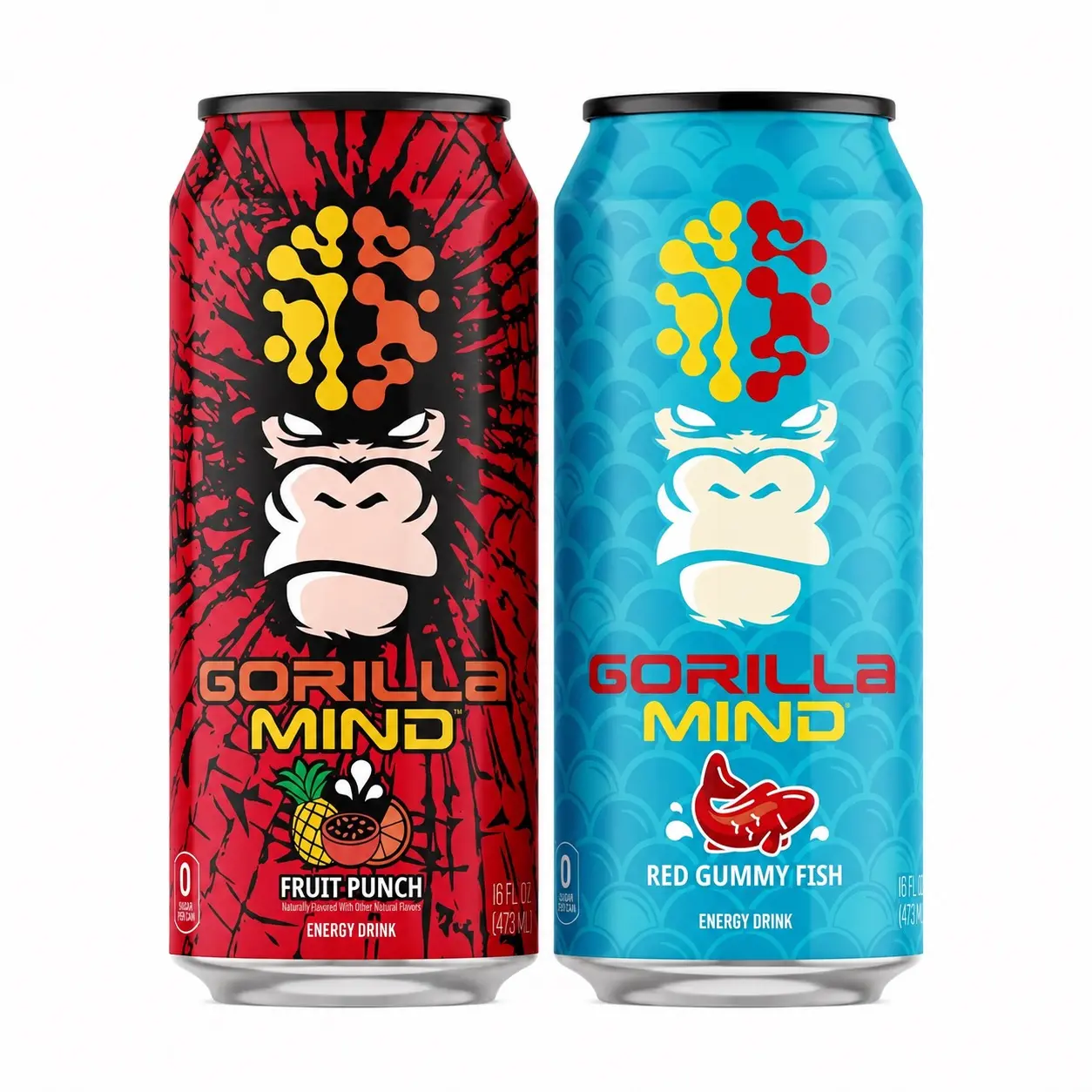 Gorilla Mind Caffeinated Energy Beverage - Fruit Punch, Red Gummy Fish Flavors - 0 Sugar - 16 fl oz (473 mL)
