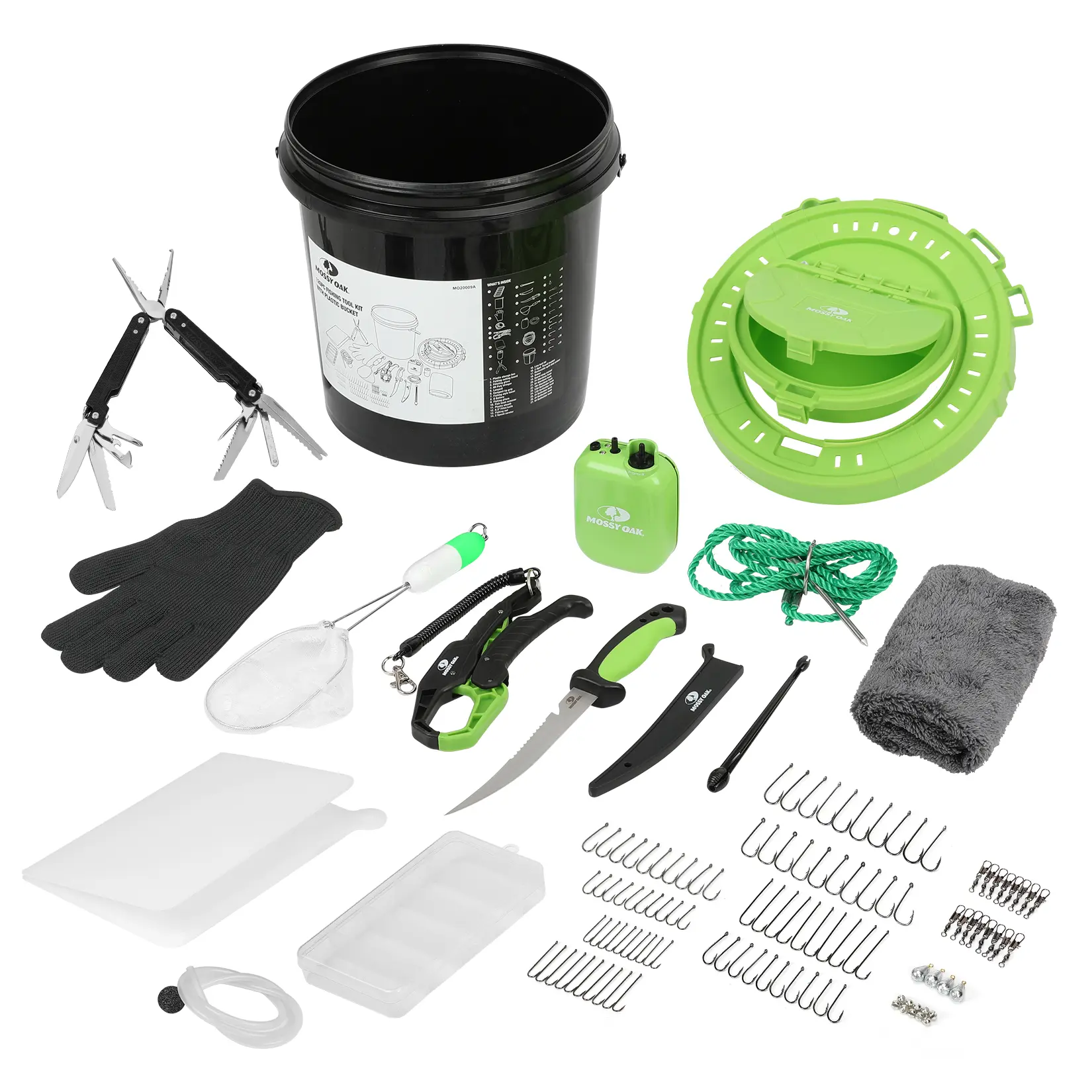#fathersdaygift Mossy Oak 126PC Fishing Tool Kit, Fishing Gear Accessories Includes Bait Bucket with Speed Aerator, 25-in-1 Fishing Pliers, Fillet Knife, Hook Assortment, Gloves & More, Fishing Gifts for Fisherman