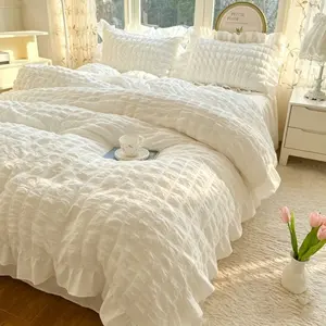 3pcs Korean Style white seersucker Duvet Cover Set, 1Pc Duvet cover+2Pcs Pillowcases（without comforter and pillow insert)）100% Polyester, Single Twin Double Queen Size, All Seasons