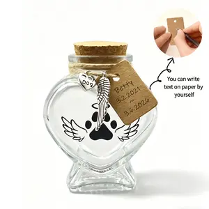 Pet Memorial Gift for Loss of Dog or Cat, Personalized Heart Shape Glass Jar & Bottle for Fur, Hair, Whiskers, Paws or Ashes Keepsake Urn with Cork Top, Charms for Cute Wing Heart