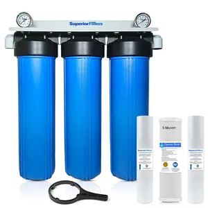 SuperiorFilters 3-Stage Water Filter System 20" H x 4.5" NSF Certified 3 Filters for Clean Drinking Water with 2 Pressure Gauges Fully Assembled Whole House Filtration