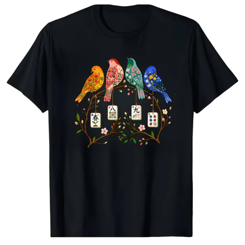 Women's Floral Mahjong Bird-on-Tile Branch Print Casual T-Shirt - Comfortable Fabric Chinese Game Lover Apparel