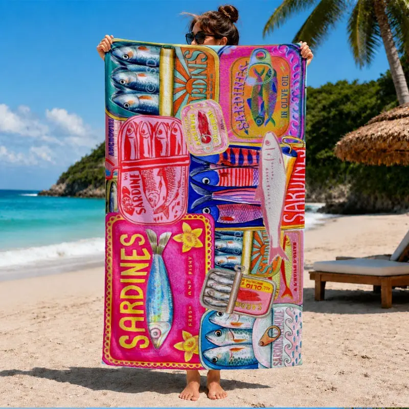 Colorful Sardine Can Print Microfiber Beach Towel, Soft Absorbent, Lightweight Quick-Dry, Ideal for Summer Travel, Pool & Outdoor Activities, Quick Dry Towels for Travel