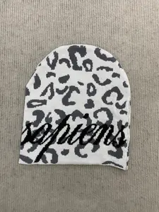 American Y2K Leopard Print Knit Beanie, Street Style Geometric Pattern, Fitted Stretch Hat for All Seasons, Unisex Fashion Accessory