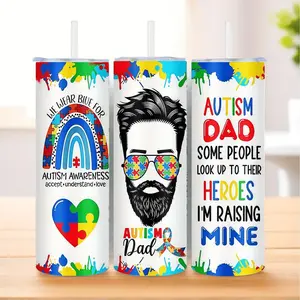 20oz Insulated Stainless Steel Tumbler with Straw, Autism Awareness Dad Print, 304 Stainless Steel, Suitable for Home, Travel and Outdoor Use, Gifts for Dad, as a Birthday Gift, Water bottles