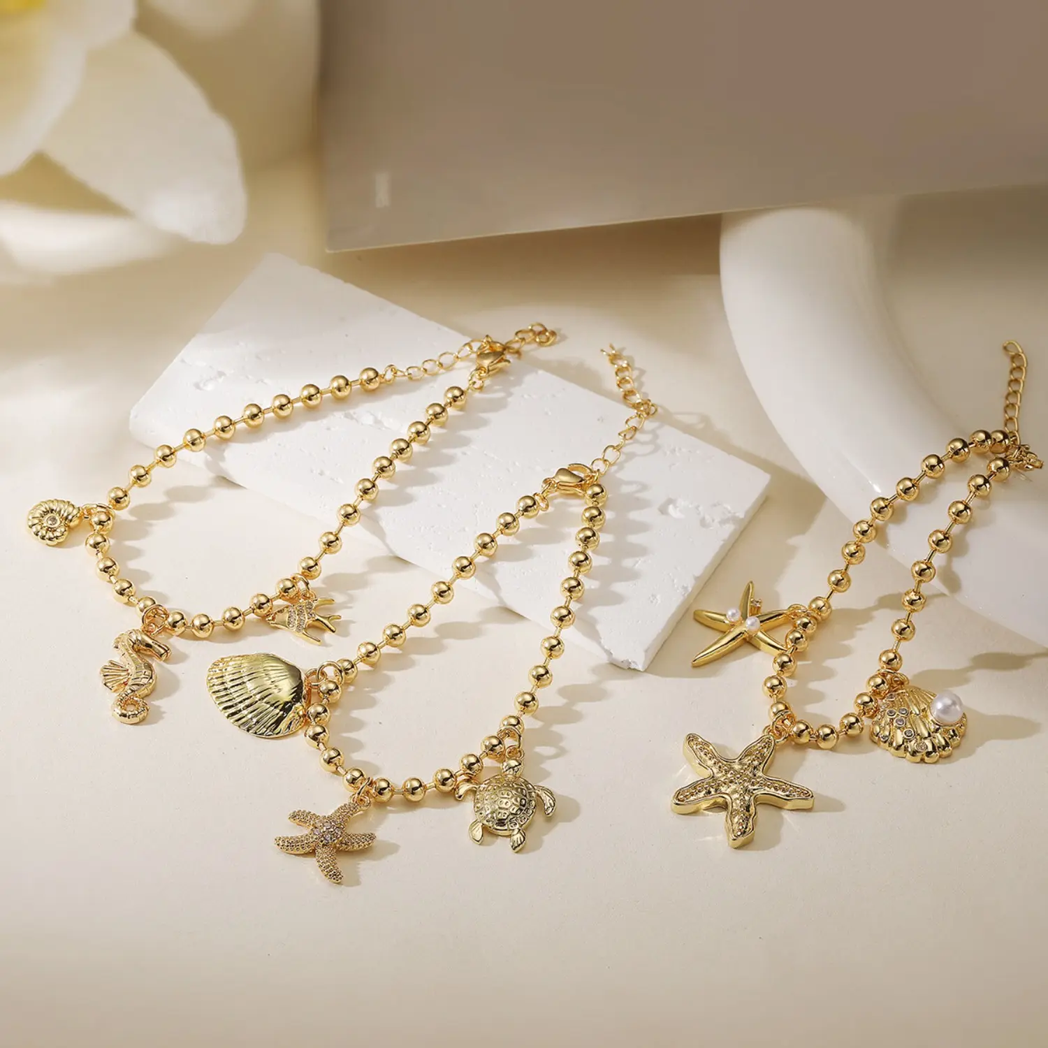 Women's Gold-Plated Stainless Steel Sea Motif Wristband - Waterproof Bohemian Charm Bracelet with Shell, Sea-Star Detail, Pearl, Round Design, No Alloy Components, Daily Sports Outdoor Accessory