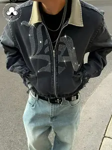 Men's Trendy Denim Jacket, 100% Cotton Embroidered La Print Coat, Color-Block Collar & Fuzzy Edges, Street Style Fall Casual Wear