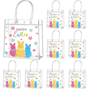 YoehMongYo 24 PCS Happy Easter Bags, Colorful Bunny Clear PVC Easter Baskets with Handles, Reusable Easter Gift bags for Egg Hunt, Party Favors, Gift Wrapping