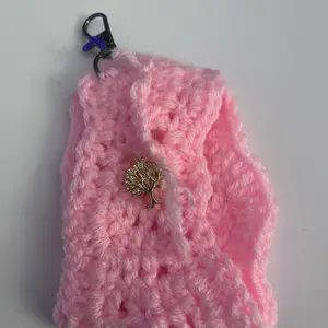 Handmade Pink Crochet Keychain with Gold Tree Charm and Secure Clip for Easy Attachment