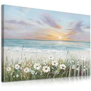 Ocean Sunset Canvas Prints Framed Wall Art for Bathroom & Beach Decor - Stretched on Wooden Frame with Hook - Ideal for Guest Room, Dining, Kitchen, Spa, and More - Perfect Gift for Any Occasion
