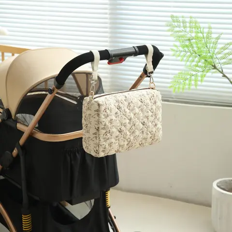 Quilted Portable Stroller Caddy Organizer Bag with Hooks - Lightweight Hanging Baby Pouch for Traveling Stroller Gear, Car Storage