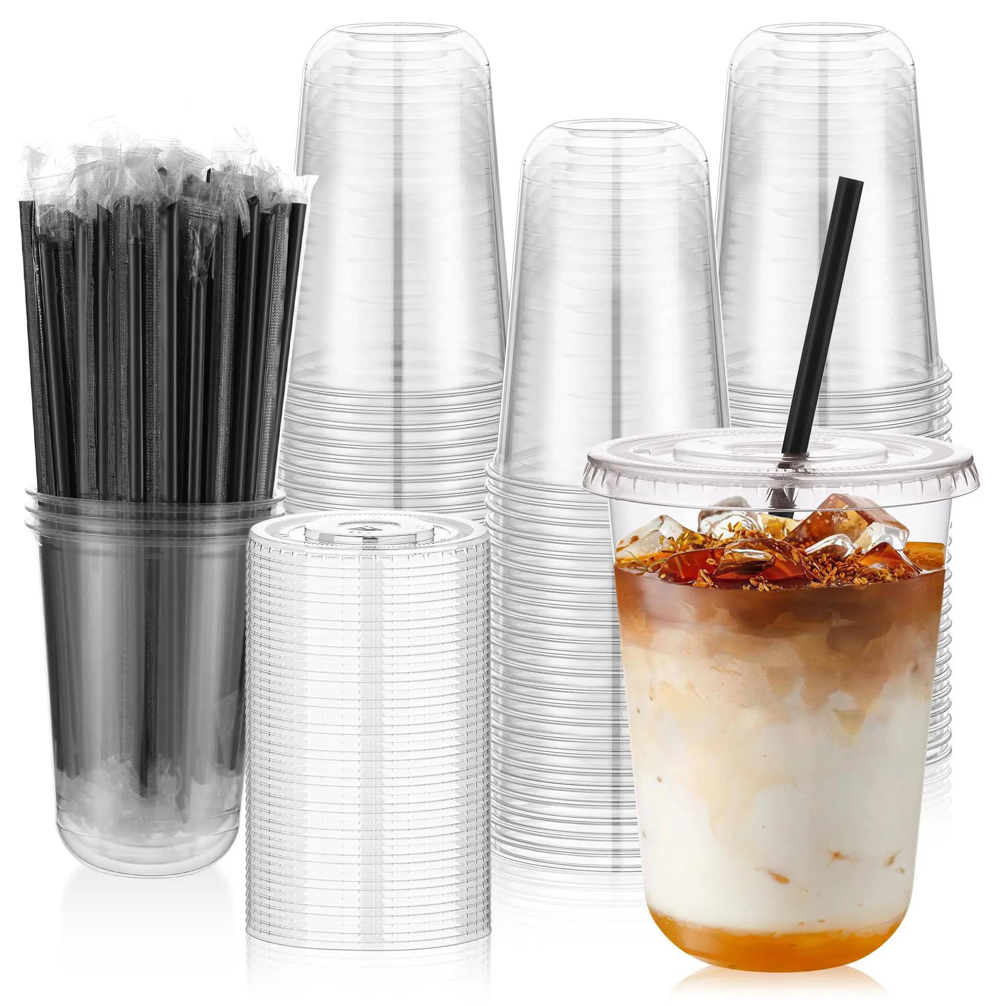 100-Pack 16oz Clear Disposable Plastic Cups with Lids & Straws – Round Bottom Iced Coffee Cups for Cold Drinks, Smoothies, Slushies & Lemonade – Party, Picnic & Coffee Shop Supplies (BPA-Free) Drinkware