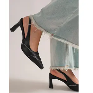 TRINEE-15 Stylish Slingback Pointed Heels Heeled Decor Fashion Elegant Women's Shoes in Black Faux Leather with 3-inch Heel Height and Contrasting Stitch Detailing