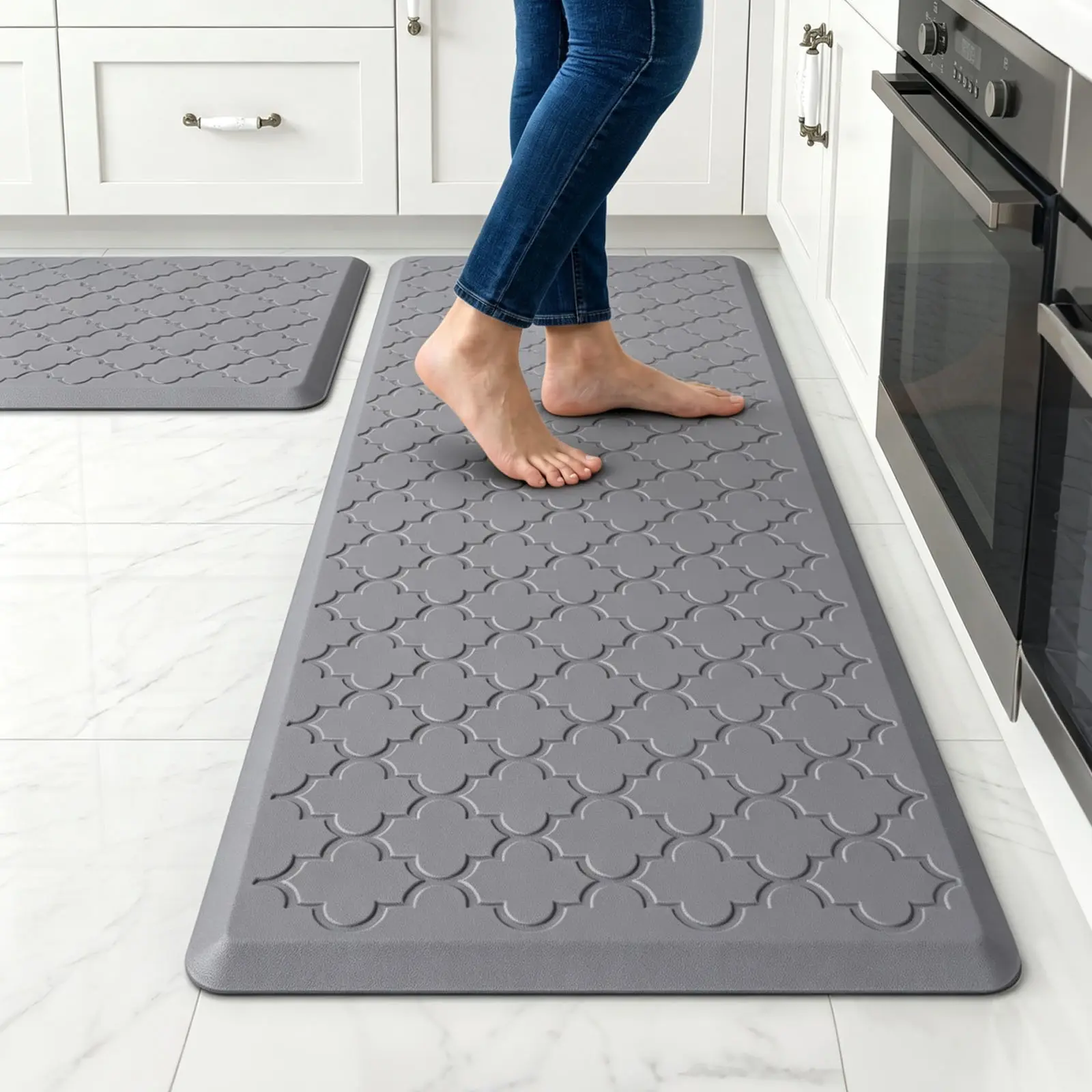 2 Piece Anti Fatigue Mats for Kitchen Floor, Grey | Kitchen Mats Cushioned Anti Fatigue, 17.3" X 28"+17.3" X 60", Non Slip, Cushioned Rugs for Standing, Office, Sink, Laundry