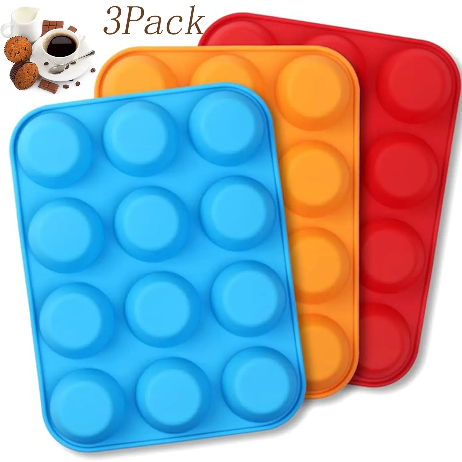 3 Pack Round Silicone Muffin Pan Set - 12-Cup Nonstick Reusable Mold, Silicone Bakeware for DIY Caking, Egg Muffin Baking, Round Silicone Molds