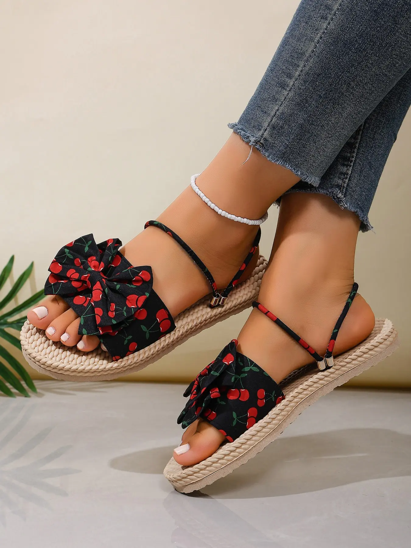 Cherry Print Bow Two-Way Sandals for Women, Soft Sole Flip Flops, Sweet Girl Style Summer Casual Shoes, Comfortable Outdoor Wear