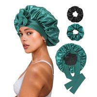Black-Green Bonnet + 2Pcs Scrunchies