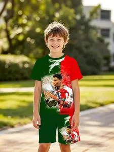 Portugal Legend Footballer Full-Print 3D Set, Boys' Short Sleeve Shorts Two-Piece, Fashion Outdoor Sports, Birthday Gift