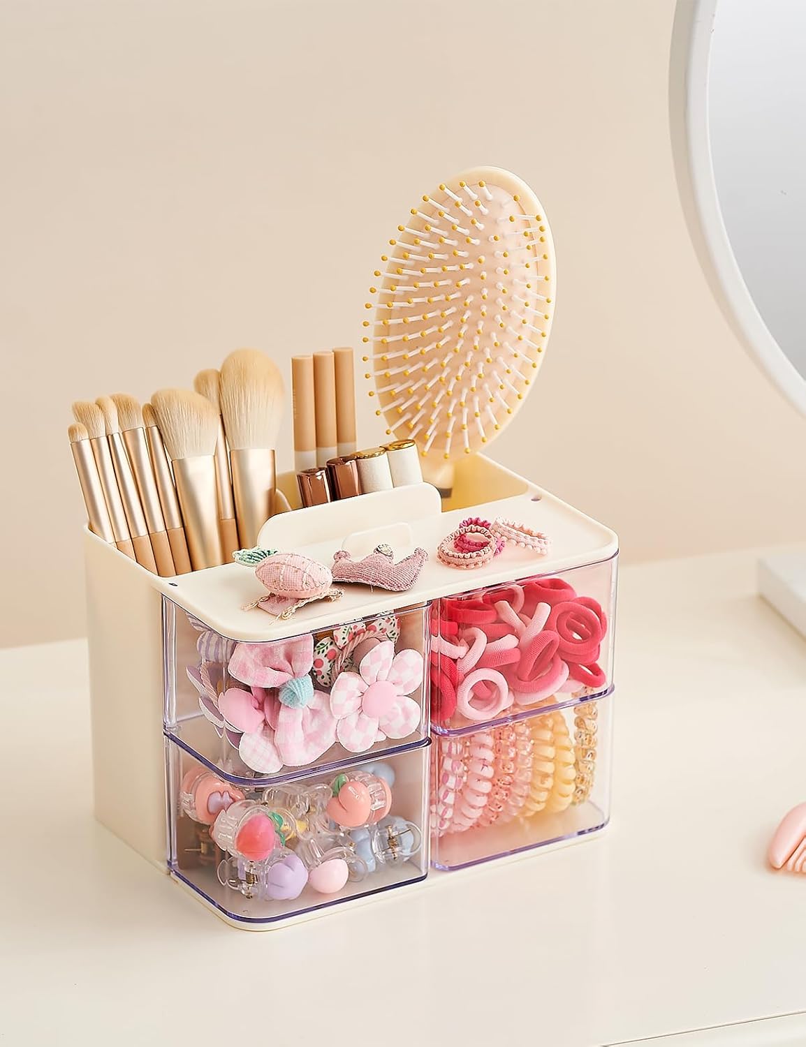 Hair Accessories Organizer with Hair Brush Holder, 4 Drawer Rotatable Hair Tie Organizer for Makeup Brushes, Hair Clips, Earrings, Necklaces, Bracelets and Hair Accessories, White, 2-Layer