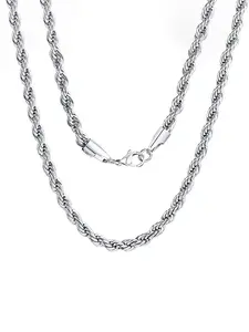 Unisex Twisted Rope Chain Necklace, Hip Hop Style Stainless Steel Chain, Silver Color, 5mm Thickness, 19-23 Inches, Durable Fashion Accessory, Jewelry Necklace