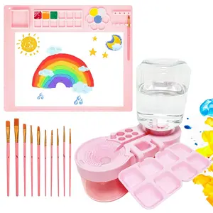 Paintbrush Cleaning Tool: Water-circulating watercolor brush rinser with stand and palette, including 10 brushes and a silicone painting mat, plus brush rinser dispenser. Art supplies for artists and beginners.