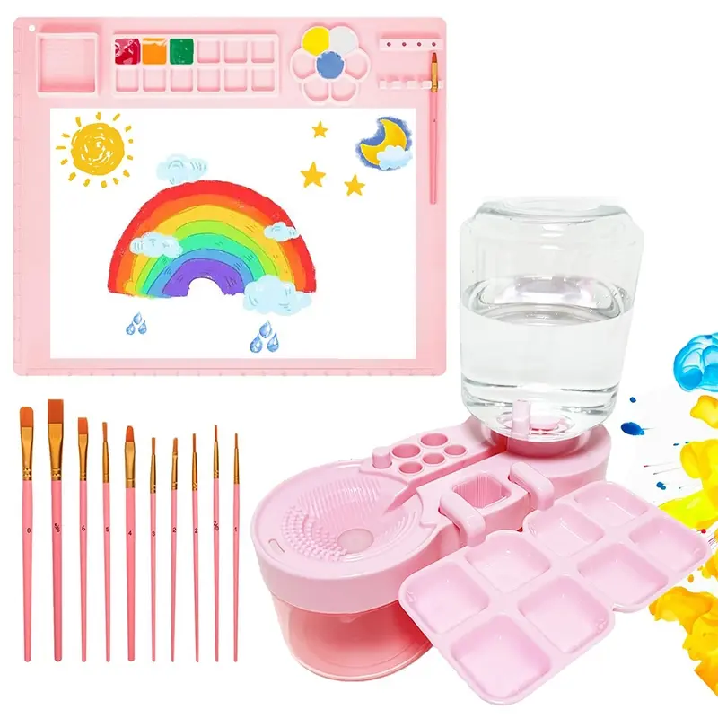 Paintbrush Cleaning Tool: Water-circulating watercolor brush rinser with stand and palette, including 10 brushes and a silicone painting mat, plus brush rinser dispenser. Art supplies for artists and beginners.