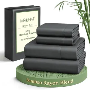 Queen Sheet Set, 4-Piece Cooling Sheets, Rayon Derived from Bamboo &, Soft &, 15" Deep Pockets with Elastic Straps, Hotel Luxury for Hot Sleepers, Dark Grey