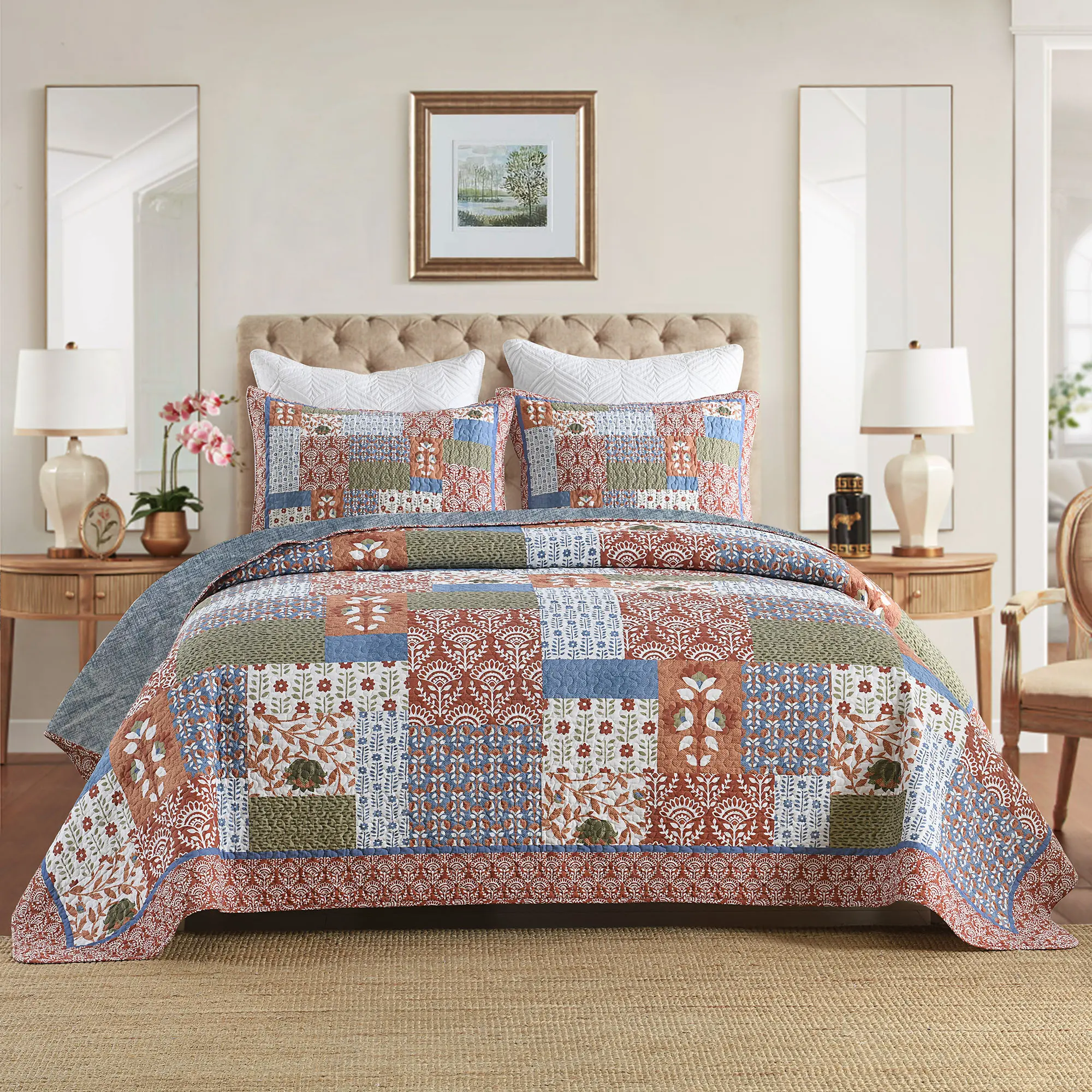 3 Pcs Floral Patchwork Vintage-Inspired Quilt Bedspread Set - Queen/King Size - Lightweight 100% Polyester Decorative Bedding - Durable, Stylish Patchwork Quilt Sets, Decorative Bedding Set