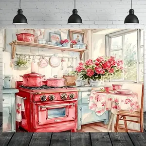 1pc 2D Flat Vintage Kitchen Scene Backdrop, //, Polyester, No Electricity Needed, Ideal for Ramadan Eid Al-Fitr & General Party Decor, Outdoor & Home Garden Decoration Banners White Ornaments