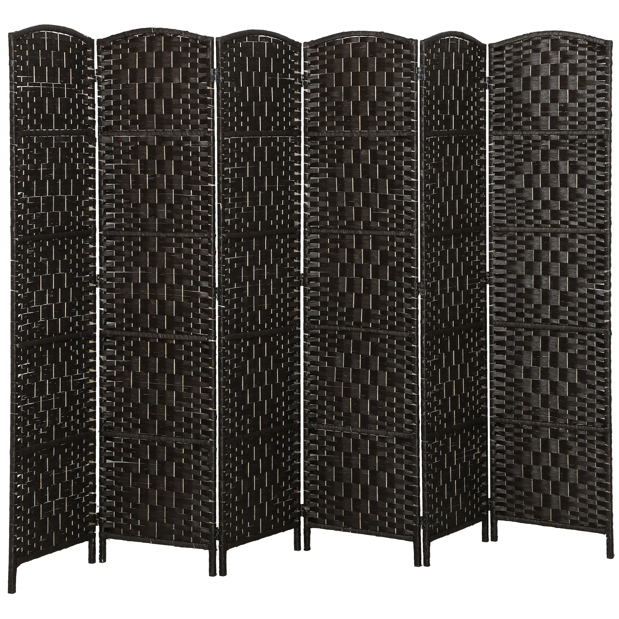 6 Panel Wicker Room Divider – Coffee. 6FT Tall Privacy Screen. Arched Top + Poplar Wood Frame. 360° Dual-Direction Hinges. 106.3" W x 70.9" H