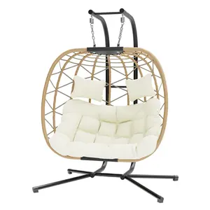 Valentine's Gift for Her  Double Hanging Egg Swing Chair, Rattan Woven Patio Swing with Thick Cushion & Foldable Design, 600LBS Rustproof Frame for Indoor Outdoor Lounge"