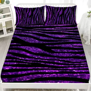 Fitted Sheet 3-Piece Set - 2D Flat Printed Purple and Black Striped Glitter Pattern Mattress Covers, Available in 10 Sizes (1 fitted sheet + 2 pillowcases, no insert). skin-friendly and breathable bedding, suitable for family bedrooms .