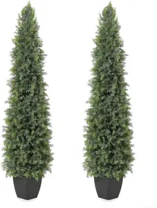 2PCS 5FT Outdoor UV-Protected Artificial Cedar Trees, Maintenance-Free Lifelike Fake Plants with Natural Shape, Decorative Hanging Ornaments for Wood Porch Decor, Wedding Accent