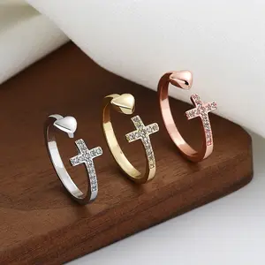 3PCS Diamond-Inlaid Cross & Heart Open Rings - Geometric Heart Design Fashion Bands for Women