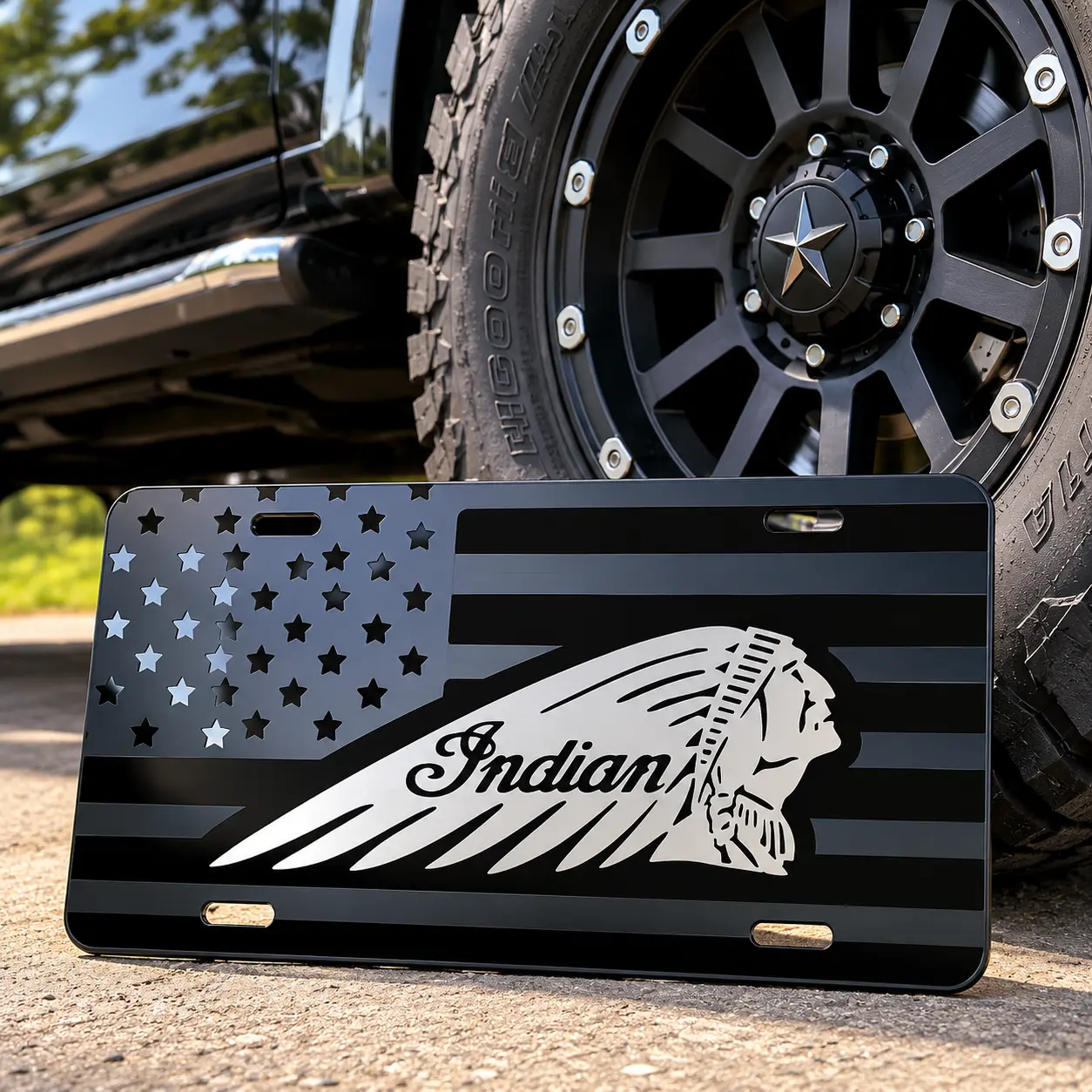 Black American Flag Indian Motorcycle License Plate – Native Chief Vanity Front License Plate, Aluminum Auto Tag, Truck Car Decor Gift